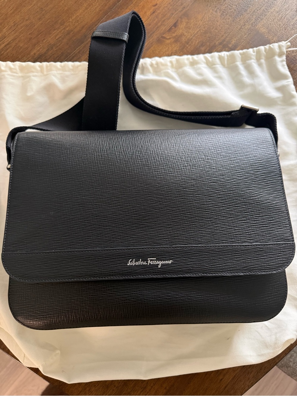 Salvatore Ferragamo Black Textured Leather Messenger Bag